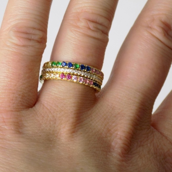 new in box! set of 3 stacking rings gold with rainbow diamonds cz eternity band - Picture 2 of 6